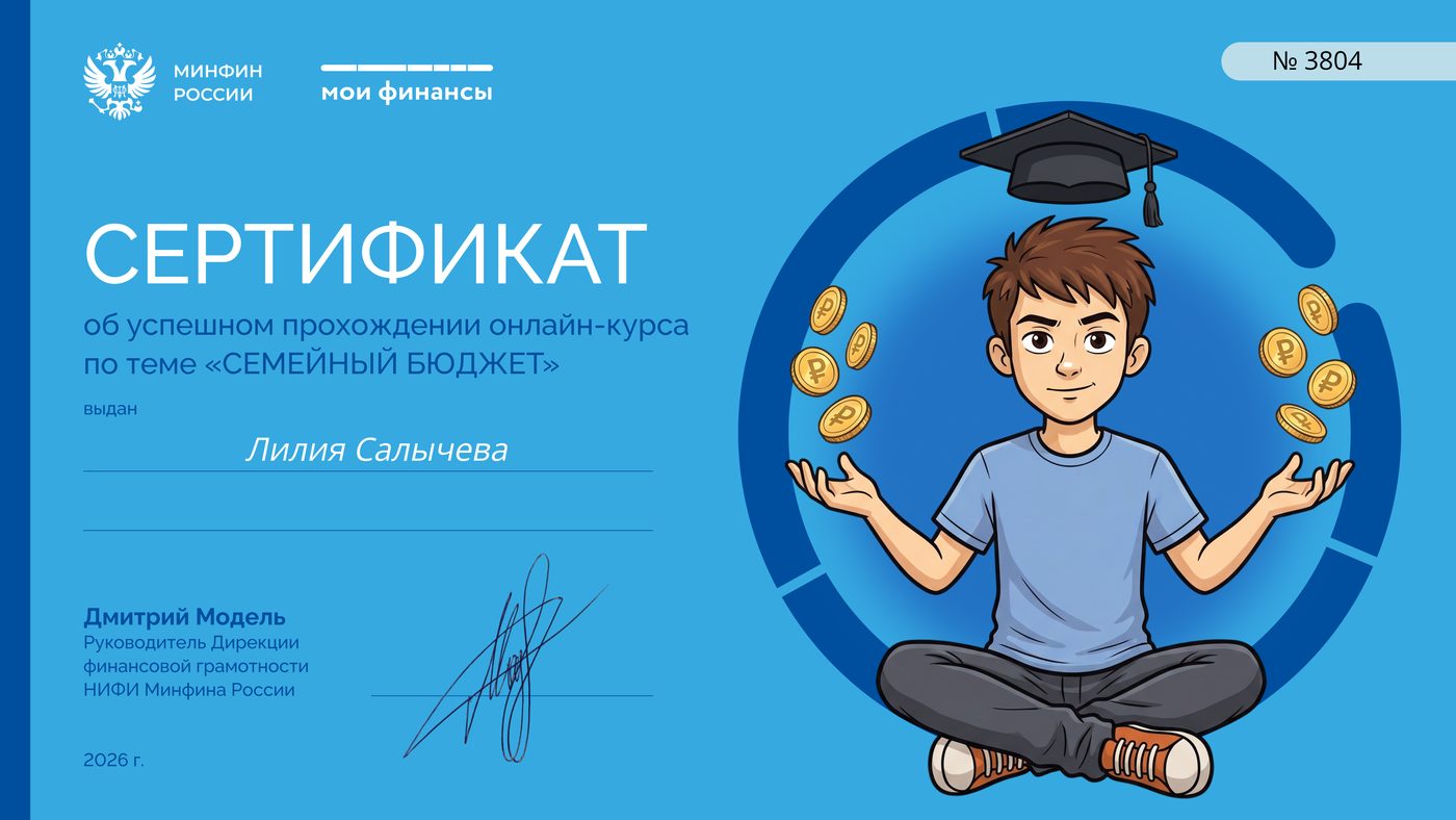 Сертификат Минфина России о прохождении курса «Семейный бюджет»